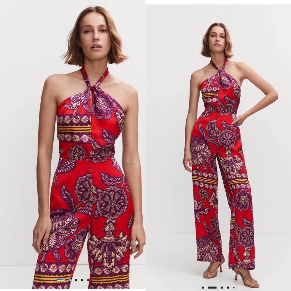 Mango Red and Purple Floral Jumpsuit Sz S NWT